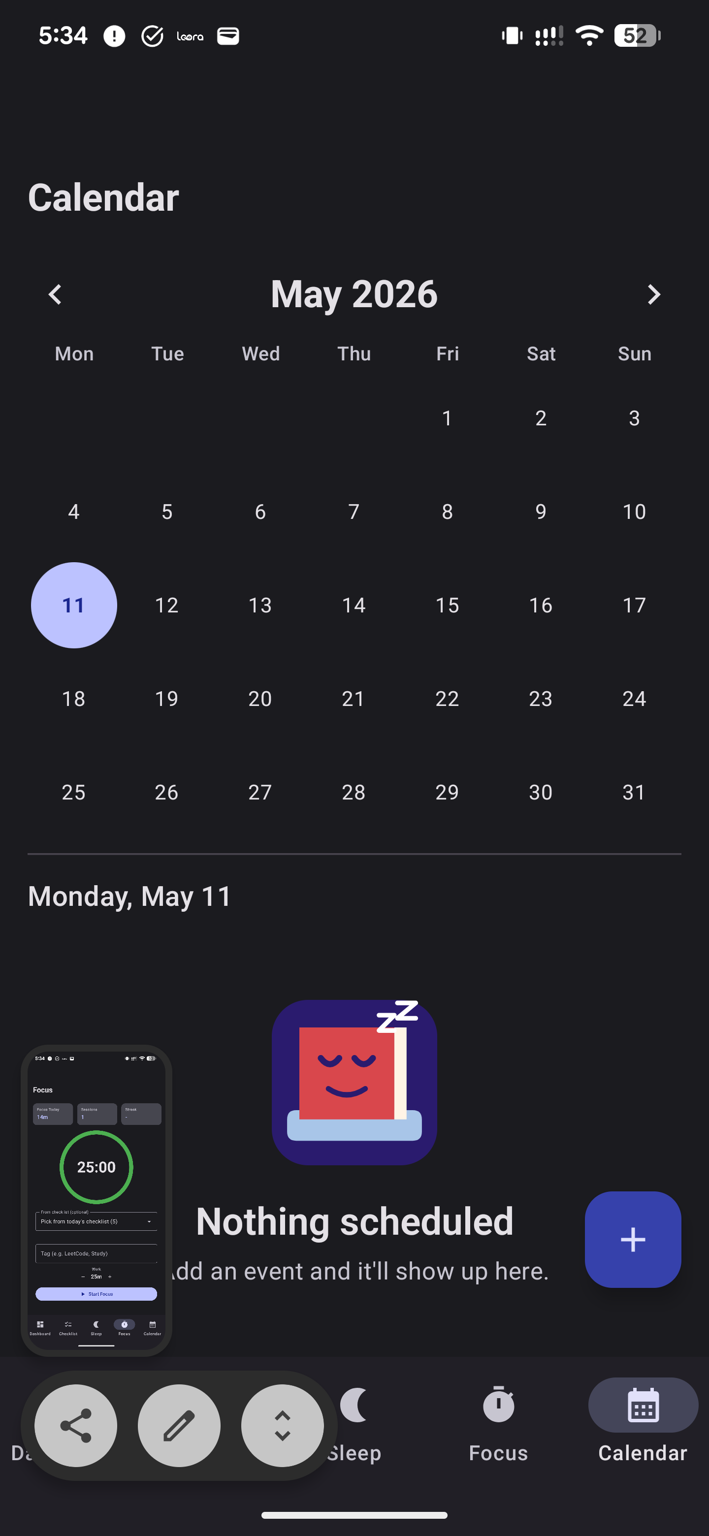 Calendar screen